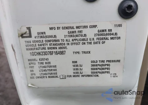 2006 Chevrolet Silverado 2500Hd Lt2 from USA, damaged, VIN 1GCHK23D76F164987